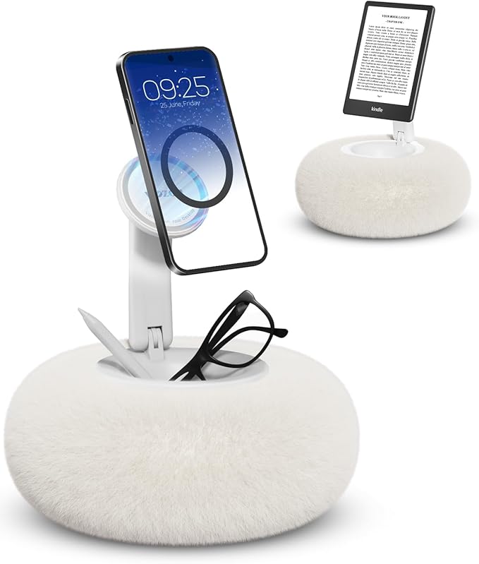 Viozon Phone Holder for Bed Magnetic Pillow Stand Compatible with 4-7 Phone/Kindle with Small Storage Removable Suction Base for Stability Idea for Kindle Reading and Video Watching On BedWhite
