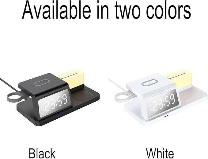 3-in-1 Wireless Charging Station with Digital Clock &amp Night Light 15W Fast Qi-Certified Charger for Phones Smartwatches &amp Earbuds | Charges 3 Devices Simultaneously HT309 Black.