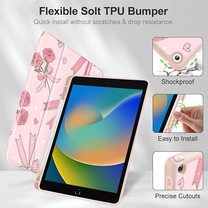 Tuiklol Case for iPad 10.2 Inch 2021 2020 2018 Release 9th / 8th / 7th Generation Built-in Pencil Holder TPU Protective Stand Back Cover Trifold Stand-Auto Wake/Sleep Bow &amp Rose