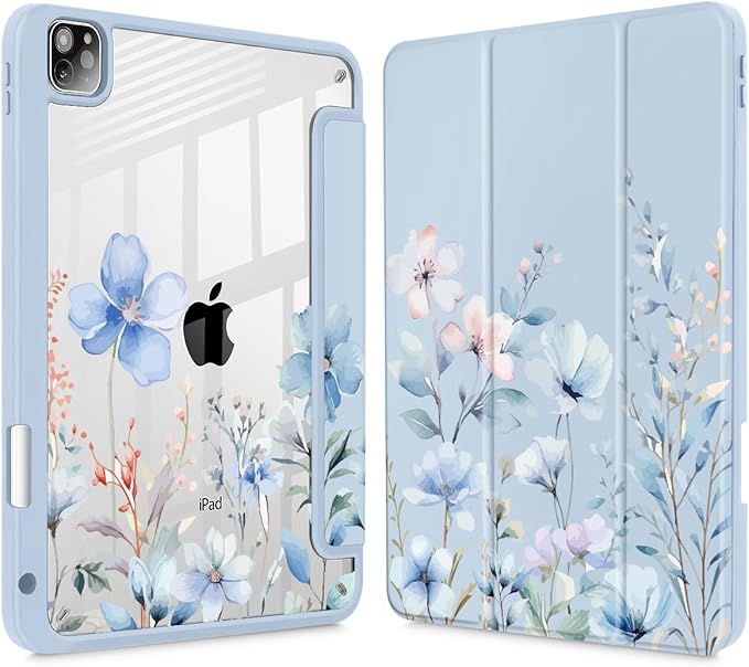May Chen for iPad Pro 11 inch M2 4th Generation 2022 iPad Pro 11 3rd/2nd/1st Gen Case with Transparent Shockproof Back Cover [Built-in Pencil Holder Auto Sleep/Wake Blue Wild Flowers