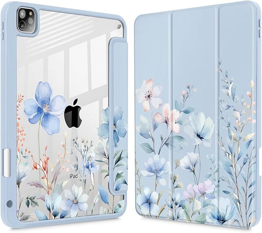 May Chen for iPad Pro 11 inch M2 4th Generation 2022 iPad Pro 11 3rd/2nd/1st Gen Case with Transparent Shockproof Back Cover [Built-in Pencil Holder Auto Sleep/Wake Blue Wild Flowers