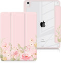 Batianda Hybrid Case for New iPad 11 2025 A16 Chip/iPad 10 2022 10.9-inch [Built-in Pencil Holder] Shockproof Cover with Clear Transparent Back Shell TPU BumperAuto Sleep/Wake Pink Flower