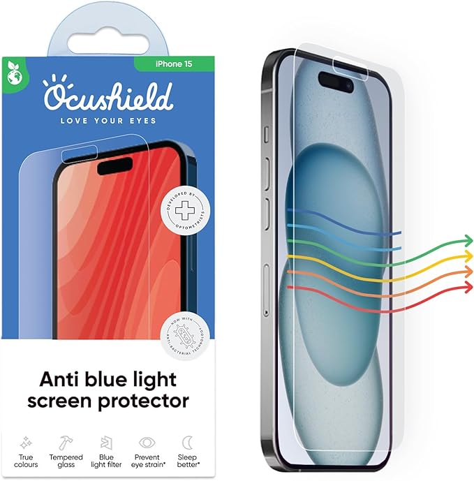 Ocushield Anti Blue Light Tempered Glass Screen Protector for iPhone 15 (6.1) - Protect Your Eyes Reduce Migraines &amp Improve Sleep