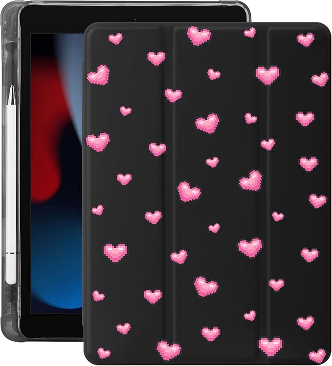 Idocolors Case for iPad 11 inch (A16 Chip) 2025 Generation 11th / iPad 10.9 inch 2022 10th Gen Built-in Pencil Holder with Soft TPU Shockproof Back Shell Auto Wake/Sleep Heart-Black