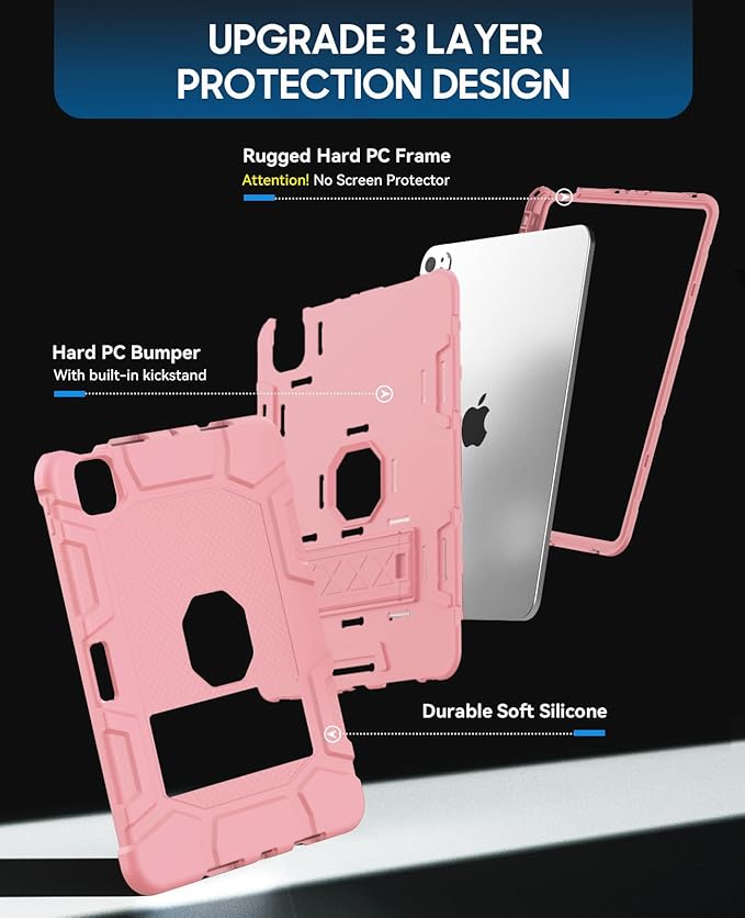 Case for iPad Pro 11 Inch Case (M5 2025/ M4 2024) with Pencil Holder Built-in Stand Military Grade Shockproof Protective Cover for iPad Pro 11 (Rose Gold)