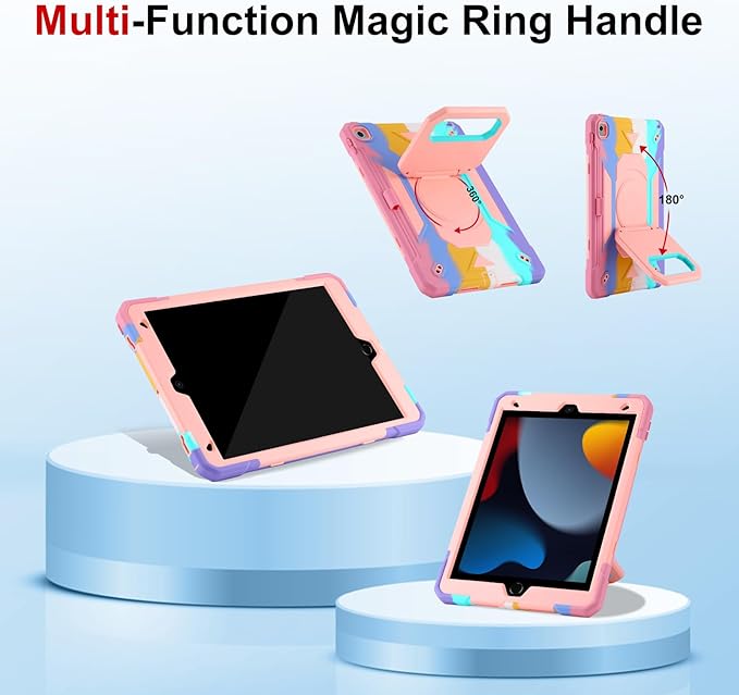 Case for iPad 9th Generation (2021) /iPad 8th Gen (2020)/iPad 7th Gen (2019) Military Grade Shockproof iPad Case Built-in 360°Rotating Stand/Pen Slot/Shoulder Strap for iPad 10.2 (Colorful)