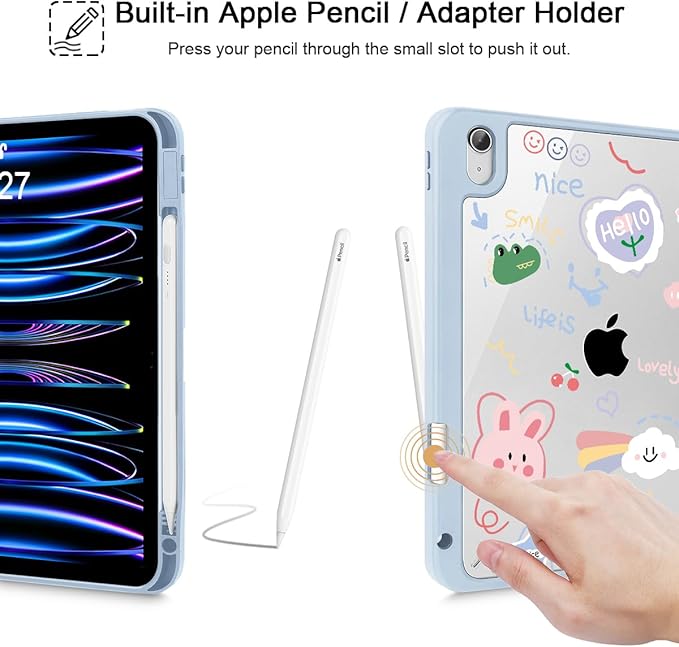 May Chen for iPad Air 11-inch M4/M3/M2 (2026/2025/2024) iPad Air 5th/4th 10.9 Inch - Shockproof Cover with Clear Back Shell &amp Penceil Holder Auto Wake/Sleep Stand Cover Cartoon Stick Figure
