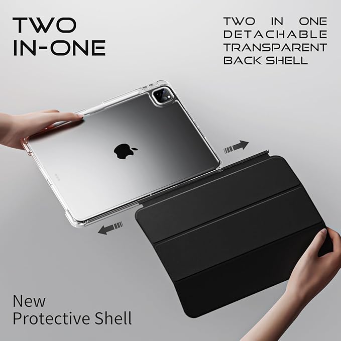 Case for iPad Air 13 Inch M3/M2 (2025/2024)iPad Pro 12.9 inch 2022/2021/2020 (6th/5th/4th Gen) | 2-in-1 Removable Clear Back Cover | Wireless Pencil Charging | Auto Sleep/WakeBlack