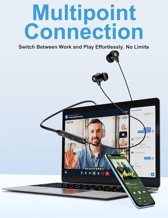 Rythflo Active Noise Cancelling Headphones Wireless in Ear Neckband Blutooth Headphones with 3 AI Mics ENC 60Hrs Playtime V5.3 Multipoint Connection Magnetic Earbuds for Work/Travel/Home/Office