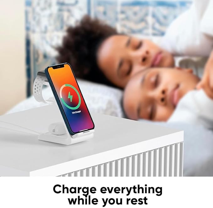 3-in-1 Magnetic Wireless Charger – Fast Charging Dock for iPhone Apple Watch &amp AirPods – Foldable Stand with USB-C Cable (White)