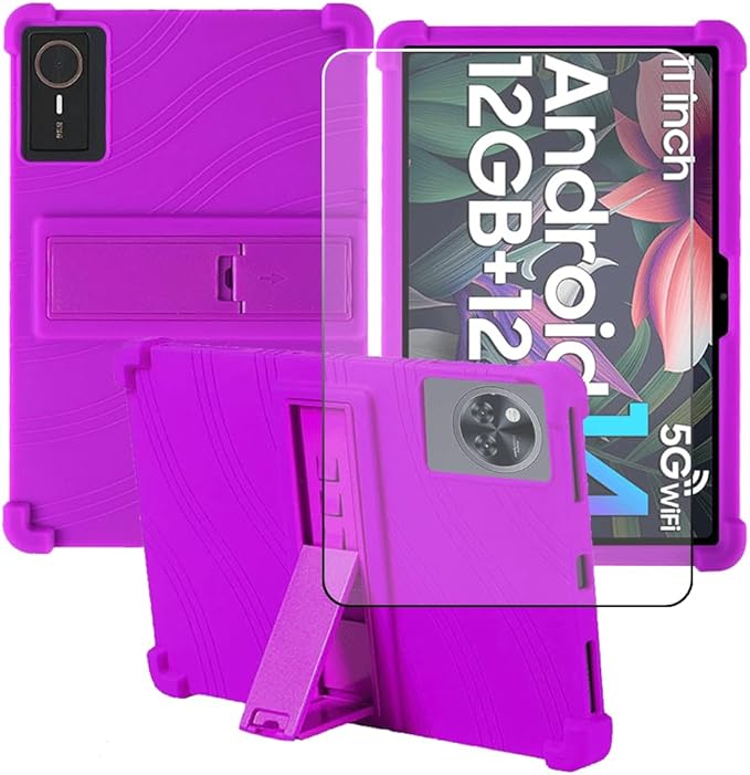 Compatible for ECOPAD T30 10.1 Inch Tablet Case + Screen Protector Tempered Glass Film Soft Silicone Full Coverage Adjustable Stand Protective Tablet Cover Purple
