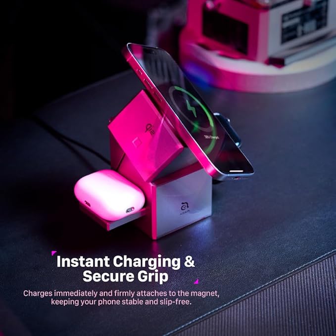 ADAM elements Mag Qube Qi2 3-in-1 Magnetic Wireless Charging Station 15W Fast Charger for iPhone 17 16 15 14 13 12 Apple Watch &amp AirPods Fast Charging Stand for Desk