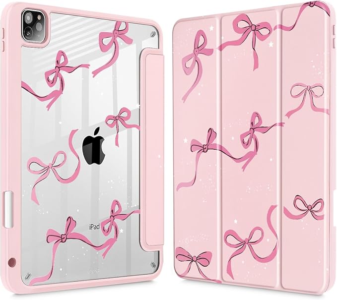 May Chen for iPad Pro 11 inch M2 4th Generation 2022 iPad Pro 11 3rd/2nd/1st Gen Case with Transparent Shockproof Back Cover [Built-in Pencil Holder Auto Sleep/Wake Bows Pink
