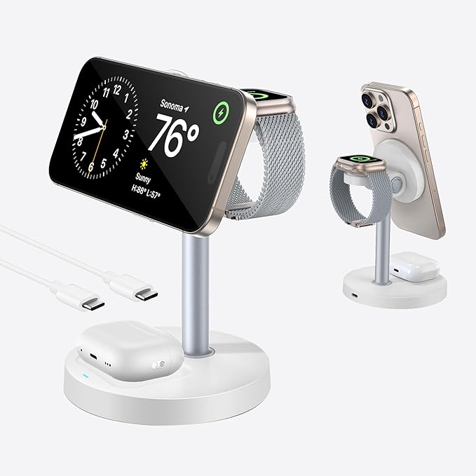 3 in 1 Wireless Charging Station for Multiple Devices 15W Fast Magnetic Wireless Charger Stand with Adjustable Angle Compatible with iPhone12-16 Series Apple Watch AirPods - Gifts for Men &ampWom