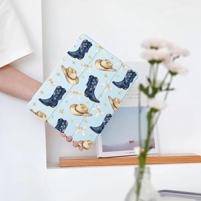 Bow Cowboy Boots Hat for iPad Air5/Air4 Case with Pencil Holder Auto Sleep/Wake Blue Leather Soft TPU Back Cover for iPad 10.9 Inch 2022/2020