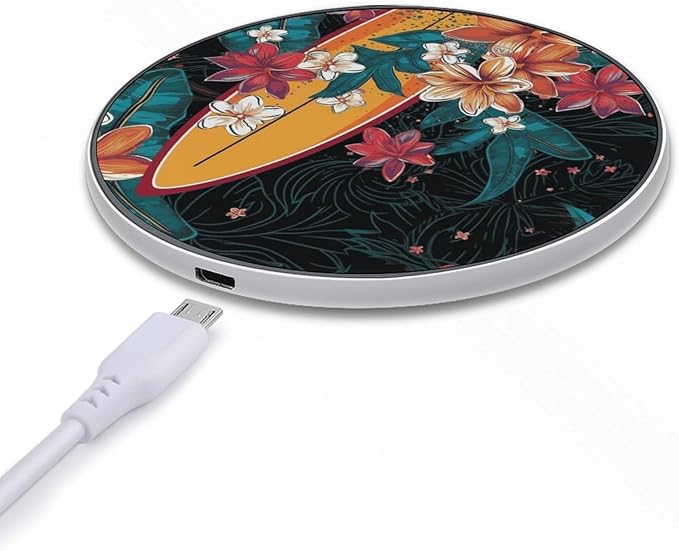 Surfboard and Flowers Wireless Charger Fast Wireless Charging Pad with USB Cable 10W Anti-Slip Magnetic Wireless Charger Portable Slim Charger Puck Travel Charging Station