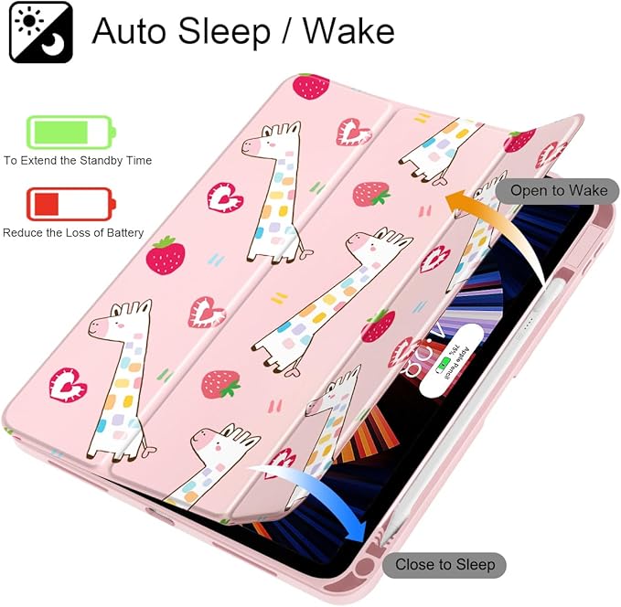 Case for iPad Air 11'' (M4 2026/M3 2025/M2 2024)/ iPad Air 10.9'' Air 5th /4th Gen Shockproof Cover with Clear Back Shell &amp Penceil Holder Auto Wake/Sleep Stand Cover Giraffe-Strawberry-Pink