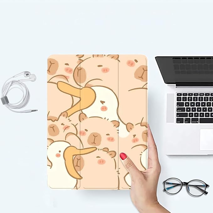 Cute Capybara Case for iPad Air 13 (M2) 2024/iPad Pro 12.9 2022/2021Lovely Animal Printed Protective CasePencil Holder &amp Clear Transparent Back &amp Trifold Smart Pad Cover Scratchproof Case