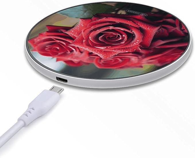 Beautiful Red Rose Wireless Charger Fast Wireless Charging Pad with USB Cable 10W Anti-Slip Magnetic Wireless Charger Portable Slim Charger Puck Travel Charging Station