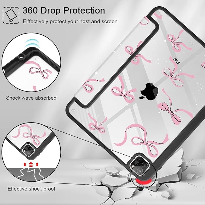 May Chen for iPad Pro 11 inch M2 4th Generation 2022 iPad Pro 11 3rd/2nd/1st Gen Case with Transparent Shockproof Back Cover [Built-in Pencil Holder Auto Sleep/Wake Stars Bow
