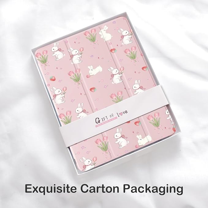 Cute Kawaii Bunny Flower for iPad Pro 11 Inch Case (M5/M4) 2025/2024 with Pencil Holder Auto Sleep/Wake Pink Leather Soft TPU Back Cover
