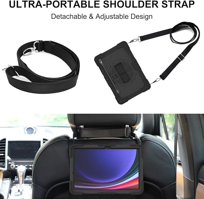 Shockproof Case for Samsung Galaxy Tab S10 Lite/S10 FE/S9/S9 FE 11 Tablet Cover with Shoulder+Hand Strap Techcircle Heavy Duty Rotating Kickstand Rugged Defender Protective Case Black