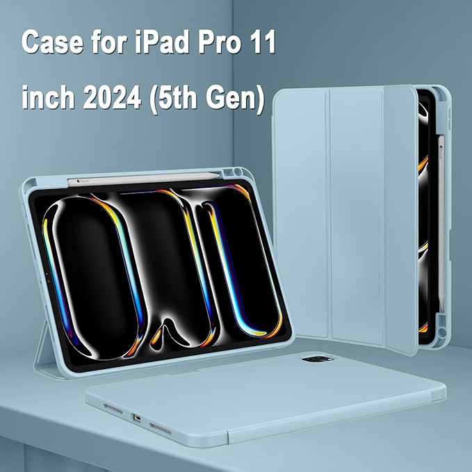 ZryXal iPad Pro 11 Inch Case (M5) 2025/ (M4) 2024 (Model: A2836/A2837/A3006) Trifold Stand Smart Cover with Pencil Holder and Soft TPU Back Auto Wake/Sleep (New Light Blue)