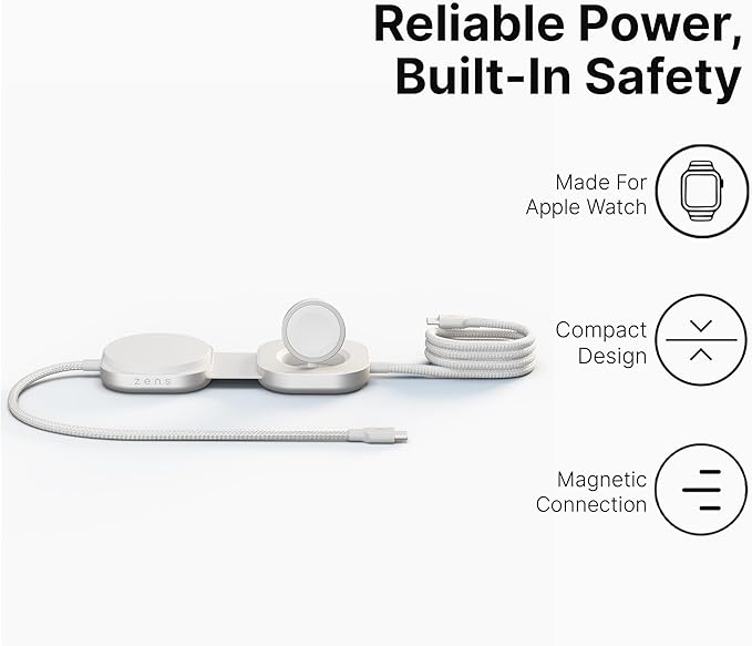 Zens Charging Cable Pro 3 Qi2 Magnetic Wireless Phone Charger for iPhone 17/16/15/14/13/12 Apple Watch Fast Charging 140 W USB-C Power Delivery Cable for MacBook and USB-C Laptops 1.5 m White