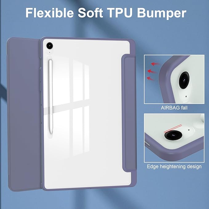 Case for Galaxy Tab S10 FE+/S10 FE Plus 13.1 2025 (Model: SM-X620/SM-X626B) Trifold Stand Cover with S Pen Holder [Auto Wake/Sleep] Shockproof TPU Bumper + Clear Back Shell Lavender Purple
