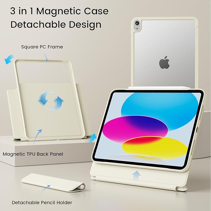 for iPad Air 11 Inch Case M3/M2 (2025/2024) iPad Air 5th/4th Gen Case 10.9 Inch (2022/2020) w/Pencil Holder Portrait/Landscape 4+ Angles Magnetic Cover for iPad Air 11'' 10.9'' Cream White