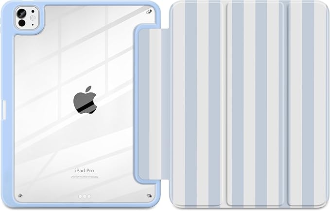 MecBevia Case for iPad Pro 11 inch M5 2025 / M4 2024 (6th/5th Gen) A3357 A3358 A3359 A2836 A2837 A3006 – Built-in Pencil Holder &amp Auto Wake/Sleep Blue Stripes