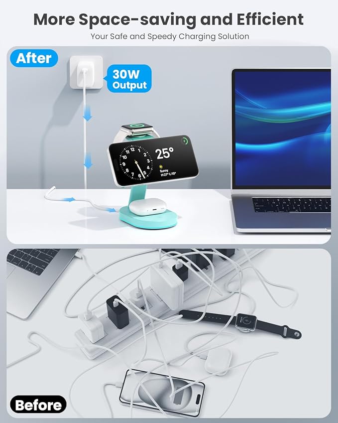 3 in 1 Wireless Charger Charging Station for iPhoneQi2 Certified 15W Magnetic Charging Stand for Mag-Safe with 30W USB C Adapter&ampFriendly Night Light for iPhone 16/15/14/13/12Apple WatchAirPods
