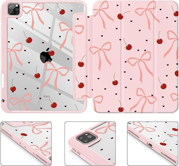 Mektron Case for iPad Pro 11 inch (4th 3rd 2nd &amp 1st Gen) 2022 2021 2020 2018 Buit in Pencil Holder with Shockproof Cover Clear Shell + Auto Wake/Sleep Pink Bows-Hearts