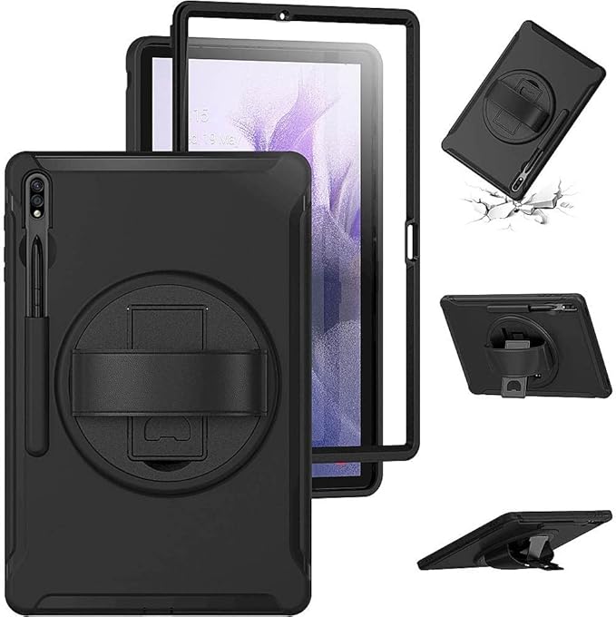 SaharaCase Protection Hand Strap Series Case Cover for Samsung Galaxy Tab S7 FE (2021) and S8 Plus (2022) [Shockproof Bumper] Heavy Duty Rugged Protection Antislip Integrated Kickstand - Black