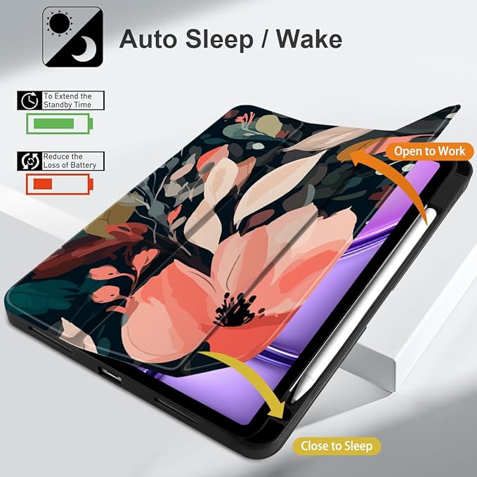 DONGKE for iPad Air 11 Inch Case M4 2026 / M3 2025 / M2 2024 &amp iPad Air 5th 2022 / 4th Gen 2020 10.9 Inch Ultra Thin Soft TPU Back Cover with Pencil Holder Support Auto Wake/Sleep Painted Floral