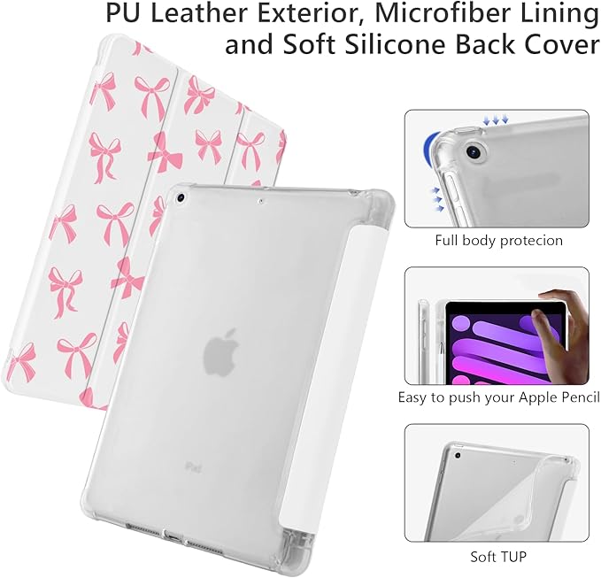 Cute Kawaii Bow for iPad 5th/6th Generation Case with Pencil Holder Auto Sleep/Wake Leather Soft TPU Back Cover for iPad 9.7 Inch