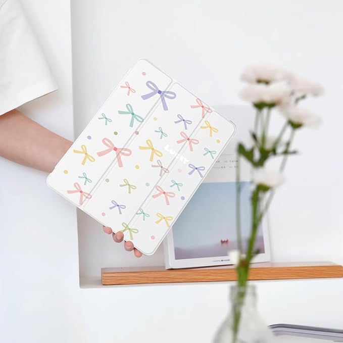Cute Kawaii Colorful Bow for iPad Pro 11 Inch Case (M5/M4) 2025/2024 with Pencil Holder Auto Sleep/Wake White Leather Soft TPU Back Cover