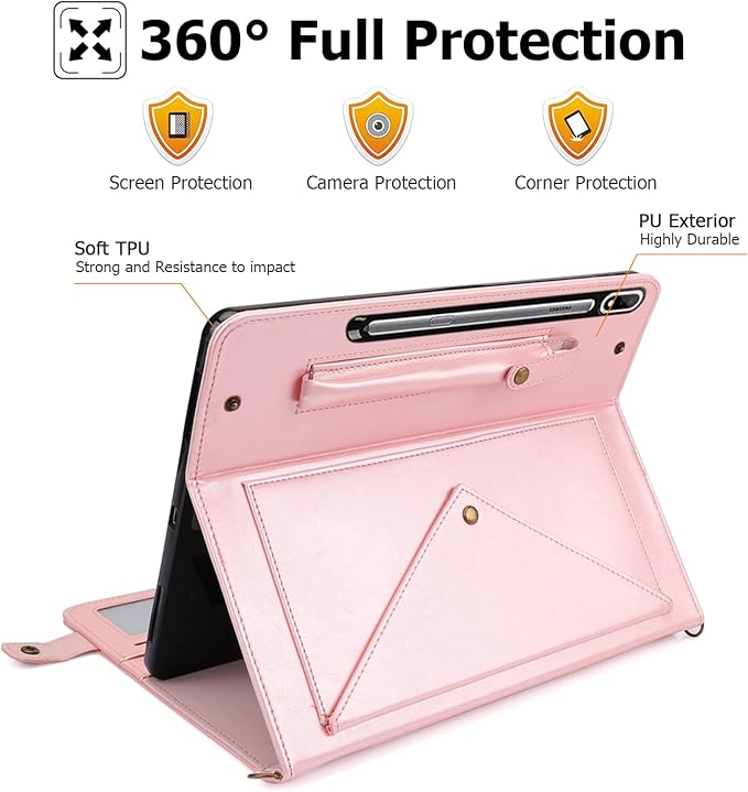 Dteck Galaxy Tab S10/S9/S8 Case Business PU Leather Folio Stand with S Pen Holder Card Slots Shoulder Hand Strap Wallet Rosegold