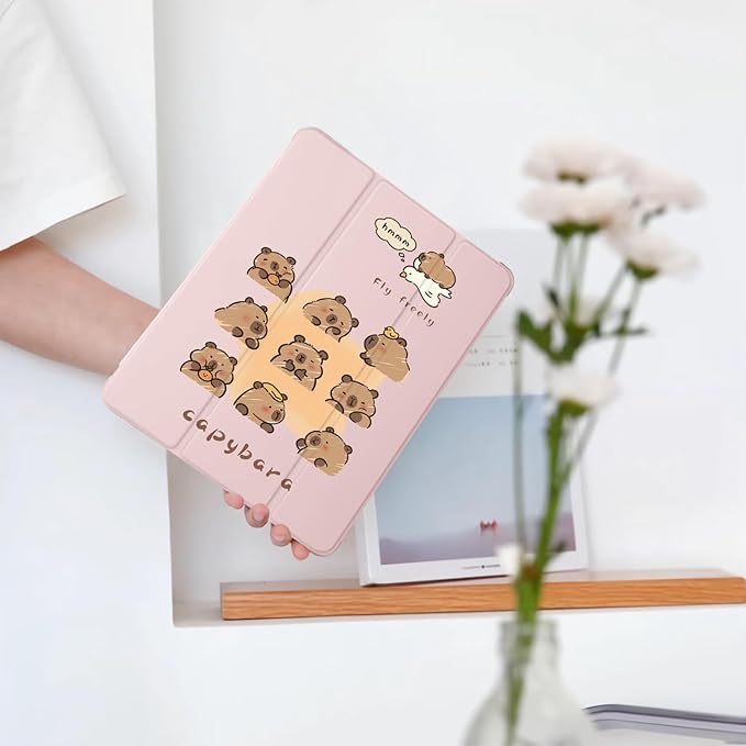 Cute Kawaii Capybara for iPad (A16) 11th Generation Case 11 Inch 2025 for iPad 10th Generation Case 10.9 Inch 2022 with Pencil Holder Auto Sleep/Wake Pink Leather Soft TPU Back Cover