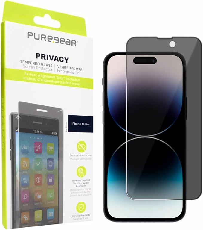 PureGear 2-Way Privacy Tempered Glass Screen Protector Compatible w/ Apple iPhone 14 Pro (2022) 6.1 Full Edge-to-Edge Coverage Self Alignment Installation Tray Touch Sensitive Case Friendly Anti