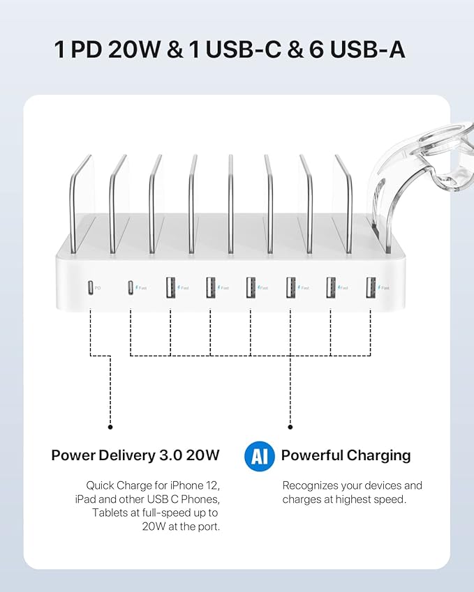 SooPii 8-Port USB-C Charging Station for Multiple Devices with 1 PD 20W Port Supports Fast Charging 8pcs Mixed Charging Cables and 1pcs Upgraded Holder for lWatch Charger &amp Air-Pods White