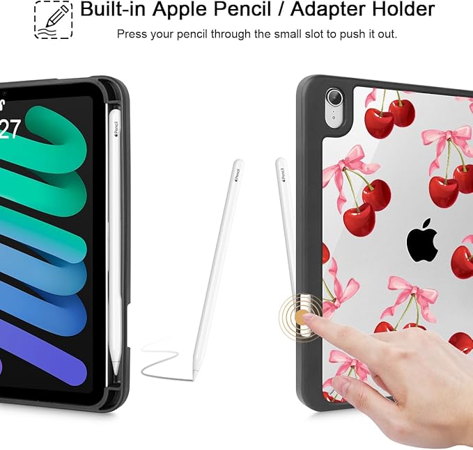 May Chen Slim Case for iPad mini 7 (A17 Pro 7th Generation) 2024 / iPad mini 6 (6th Gen) 8.3 Inch [Built-in Pencil Holder] Shockproof Cover Clear Clear Back Shell Auto Wake/Sleep Cherry &amp Cheet