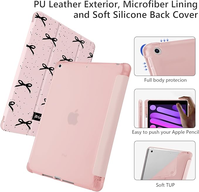 Cute Kawaii Black Bow for iPad Air5/Air4 Case with Pencil Holder Auto Sleep/Wake Pink Leather Soft TPU Back Cover for iPad 10.9 Inch 2022/2020