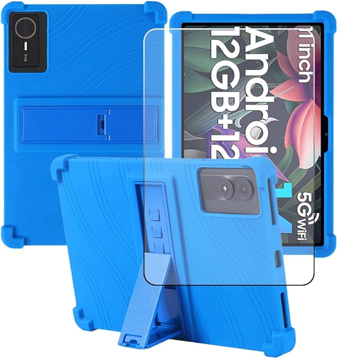 Compatible for ECOPAD T30 10.1 Inch Tablet Case + Screen Protector Tempered Glass Film Soft Silicone Full Coverage Adjustable Stand Protective Tablet Cover Blue