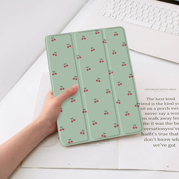 JOYLAND Cute Cherry Printed Case for iPad mini 7 (A17 Pro) 2024 / iPad mini 6 2021 8.3 Inch with Pencil Holder Foldable Auto Wake/Sleep Soft TPU Back Kawaii Fruit Green Leather Cover