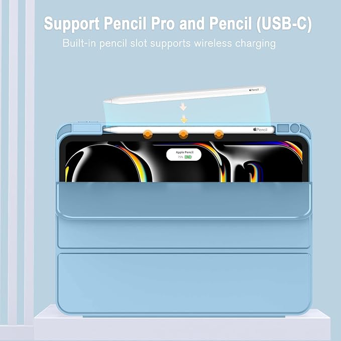 ZryXal New iPad Pro 13 Inch Case (M5) 2025 / (M4) 2024 with Pencil Holder Smart iPad Case [Support Pencil Pro and Pencil (USB-C)] Support Touch ID and Auto Wake/Sleep (Azure Blue)
