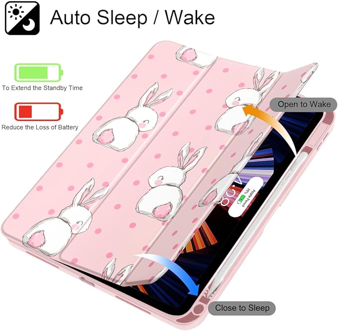 May Chen Case for iPad Air 13 Inch M4 2026 M3 2025 M2 2024 [Built-in Pencil Holder] Shockproof Cover with Clear Transparent Back Shell Auto Sleep/Wake Cover Cute Rabbit