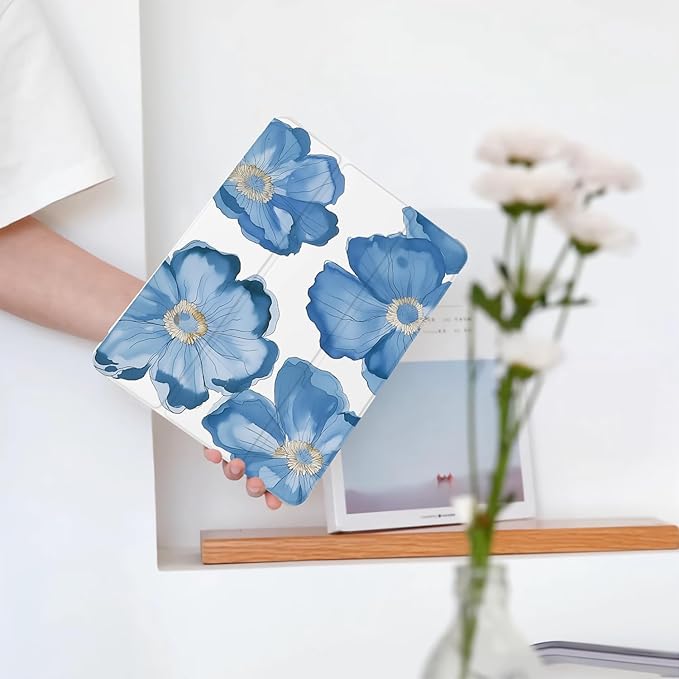 Cute Floral Flower for iPad Pro 12.9 Inch Case 5th/6th Generation 2022/2021/2020 with Pencil Holder Auto Sleep/Wake White Leather Soft TPU Back Cover