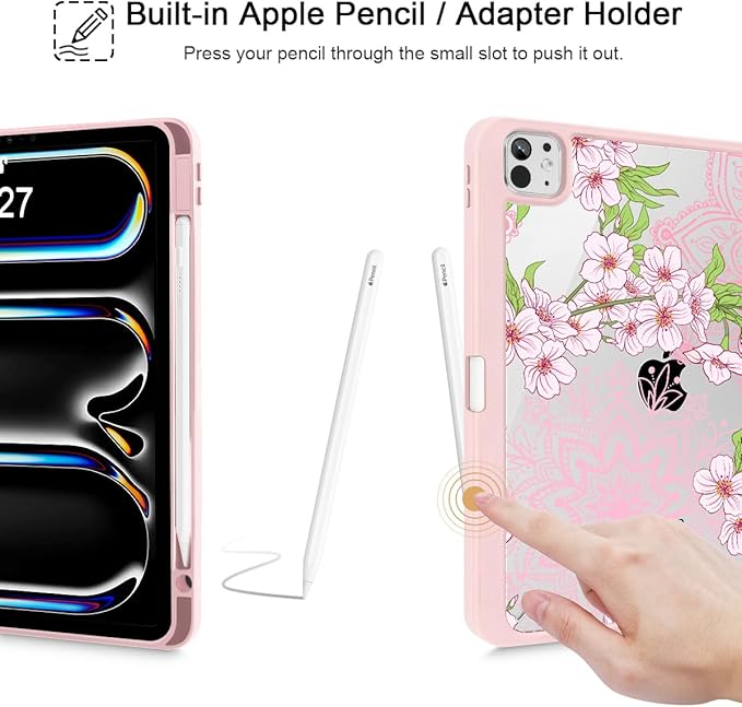 Mektron Case for M5/ M4 iPad Pro 11 inch 2025/2024 with Pencil Holder Compatible Models: A3357/A3358/A3359/A2836/A2837/A3006 Shockproof Cover Clear Shell Blossom Sakura-Pink