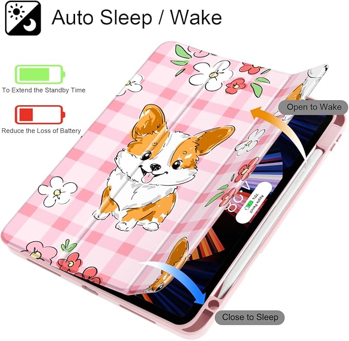 May Chen Case for iPad Pro 11-Inch M5/M4 2025/2024 (6th/5th Generation) [Penceil Holder] Trifold Stand Auto Wake/Sleep Clear TPU Protection Back Cover Corgi Dog Stripes